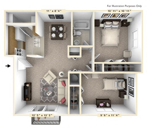 Floor plan for 2 beds, 1 bath, 805 sqft